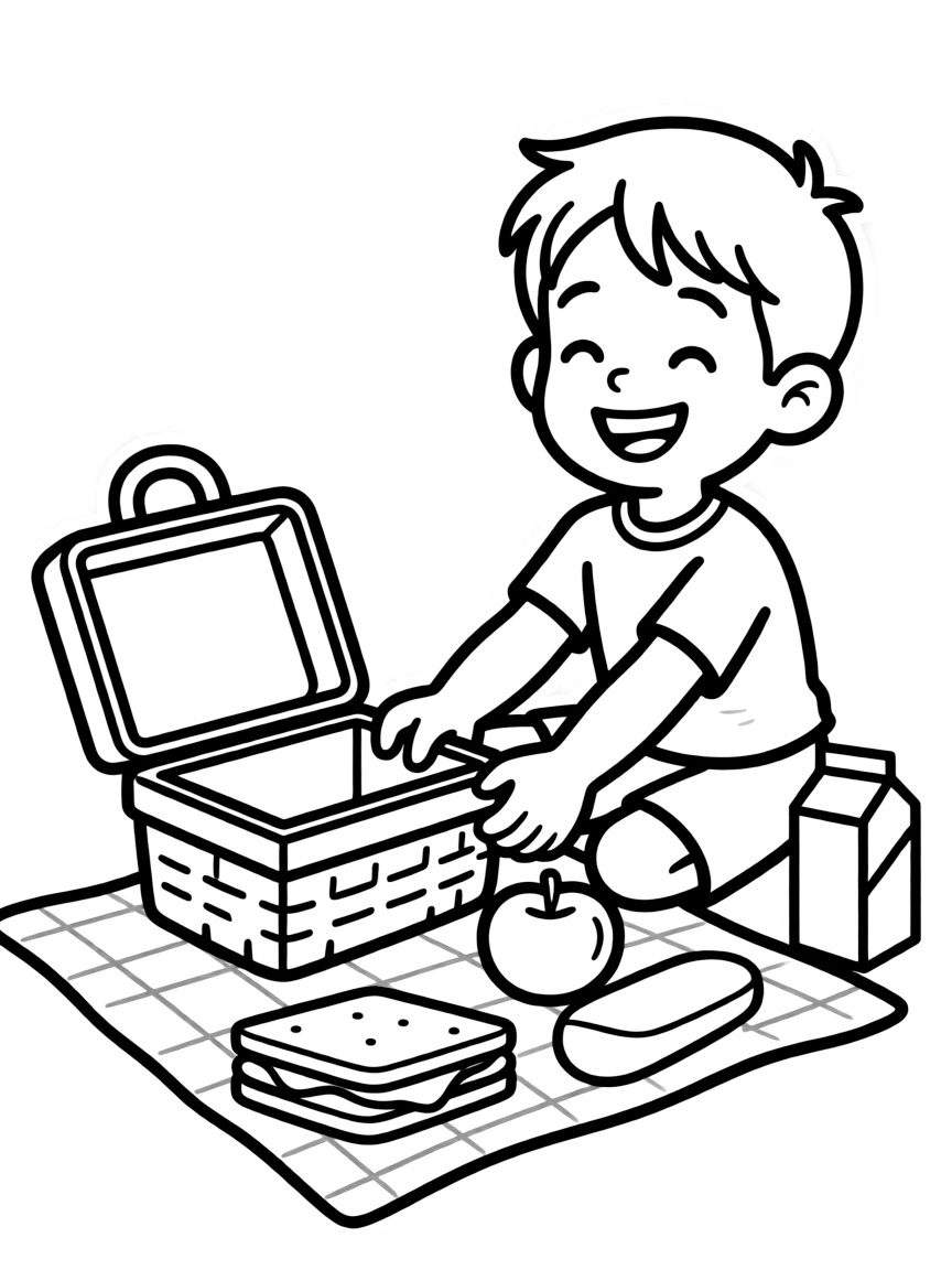A boy playing with a toy picnic basket, setting up a pretend picnic.