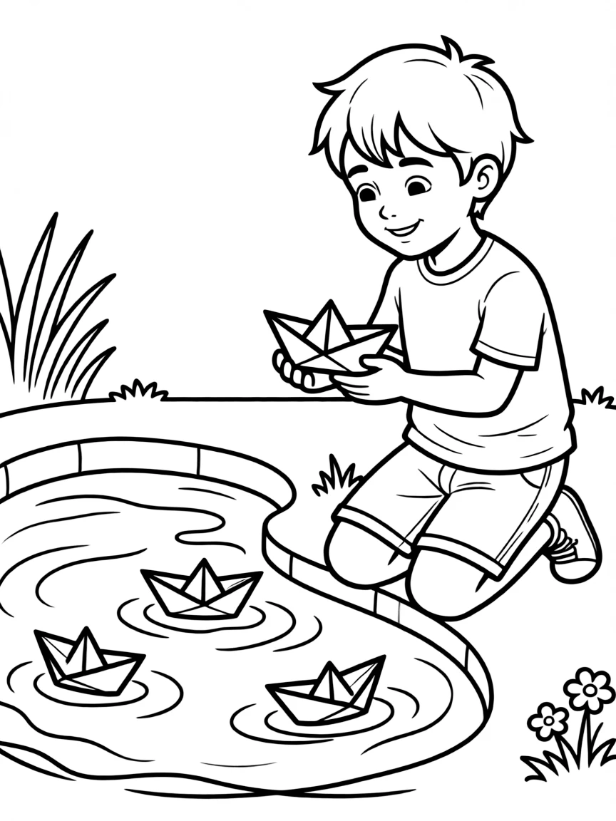 A boy making a paper boat race in a shallow pool.