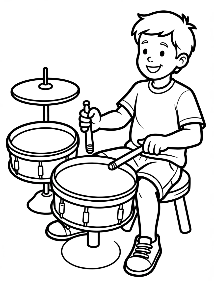 A boy playing with a toy drum set, banging on the drums.