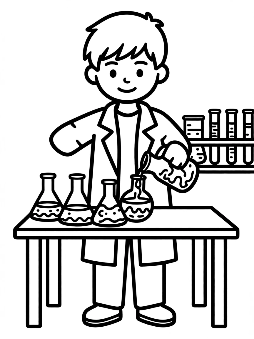 A boy pretending to be a scientist, mixing colorful liquids in beakers.