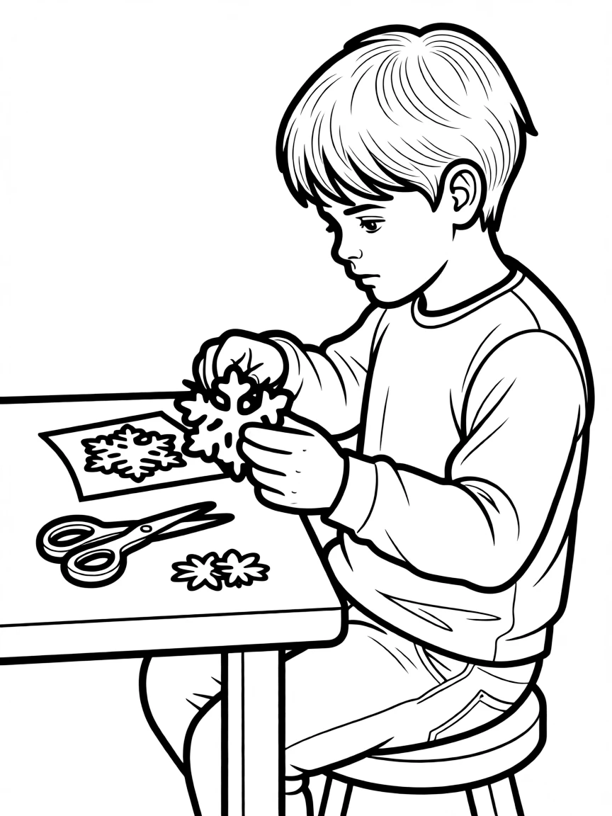 A boy making a paper snowflake.