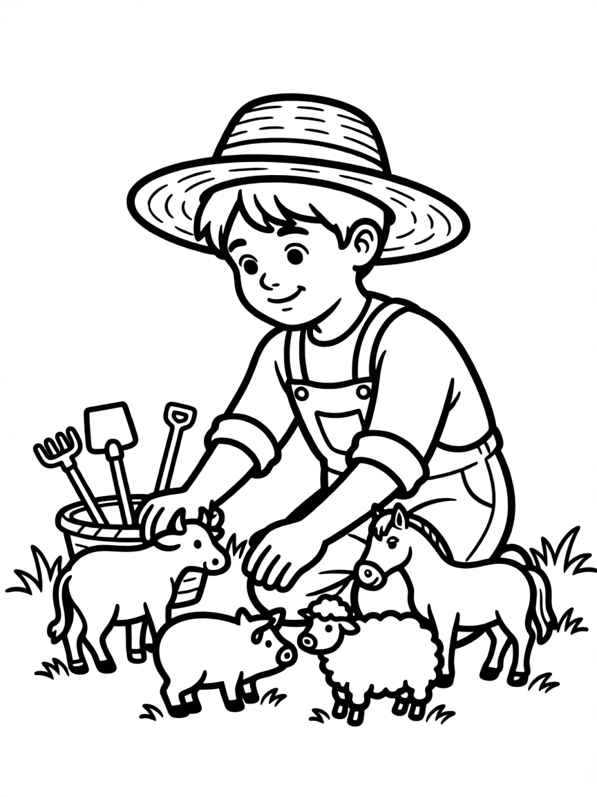 A boy pretending to be a farmer, tending to toy animals.