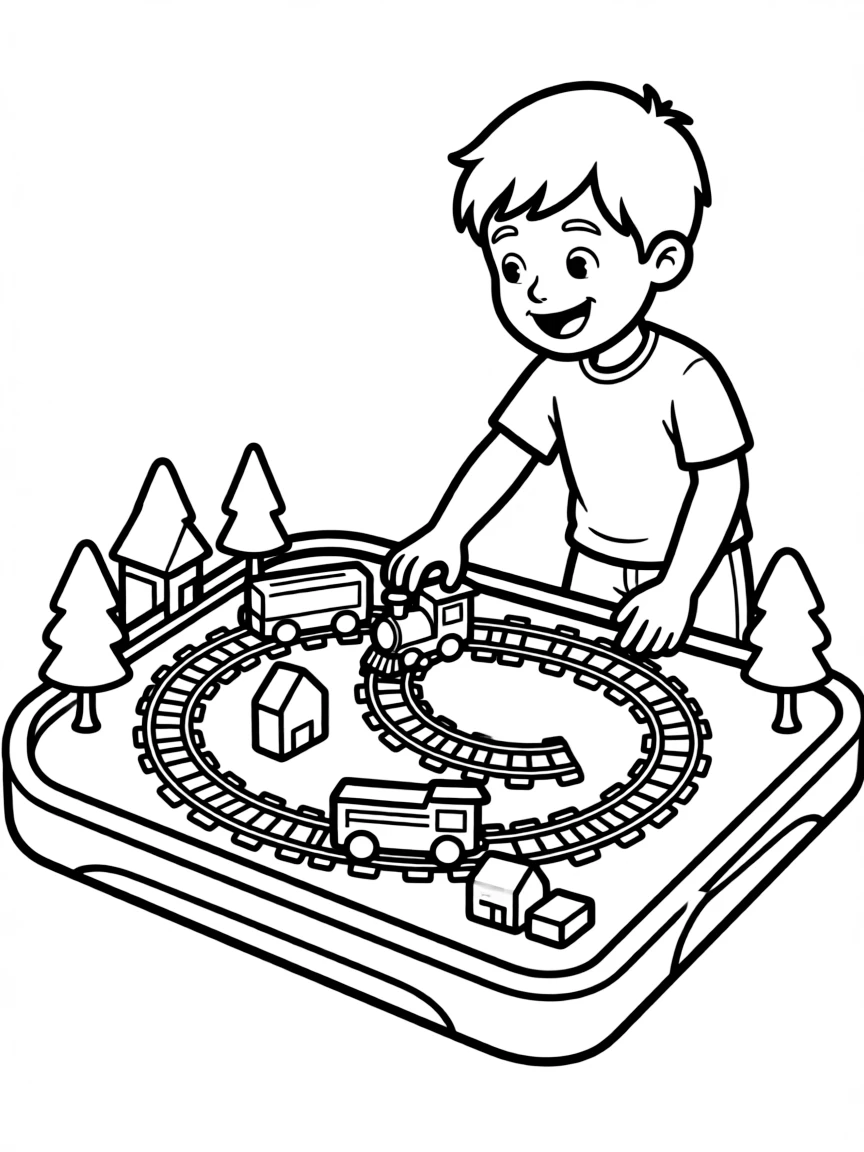A boy playing with a toy train table, moving trains around tracks.