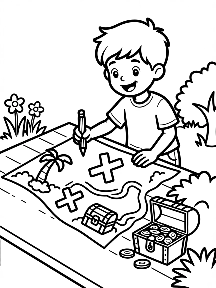 A boy making a "treasure map" and hiding a toy treasure.