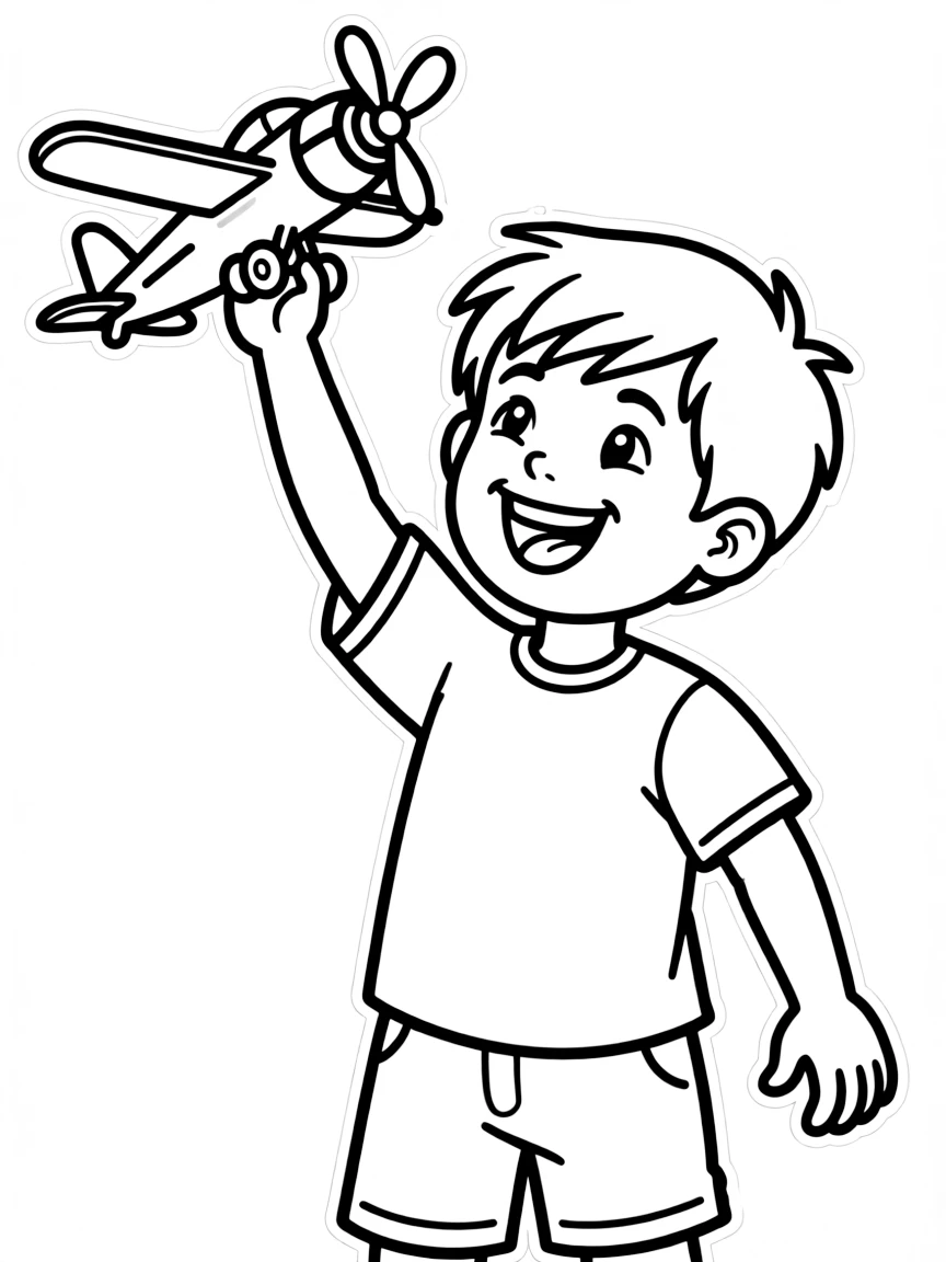 A boy playing with a toy airplane, making it fly through the air.