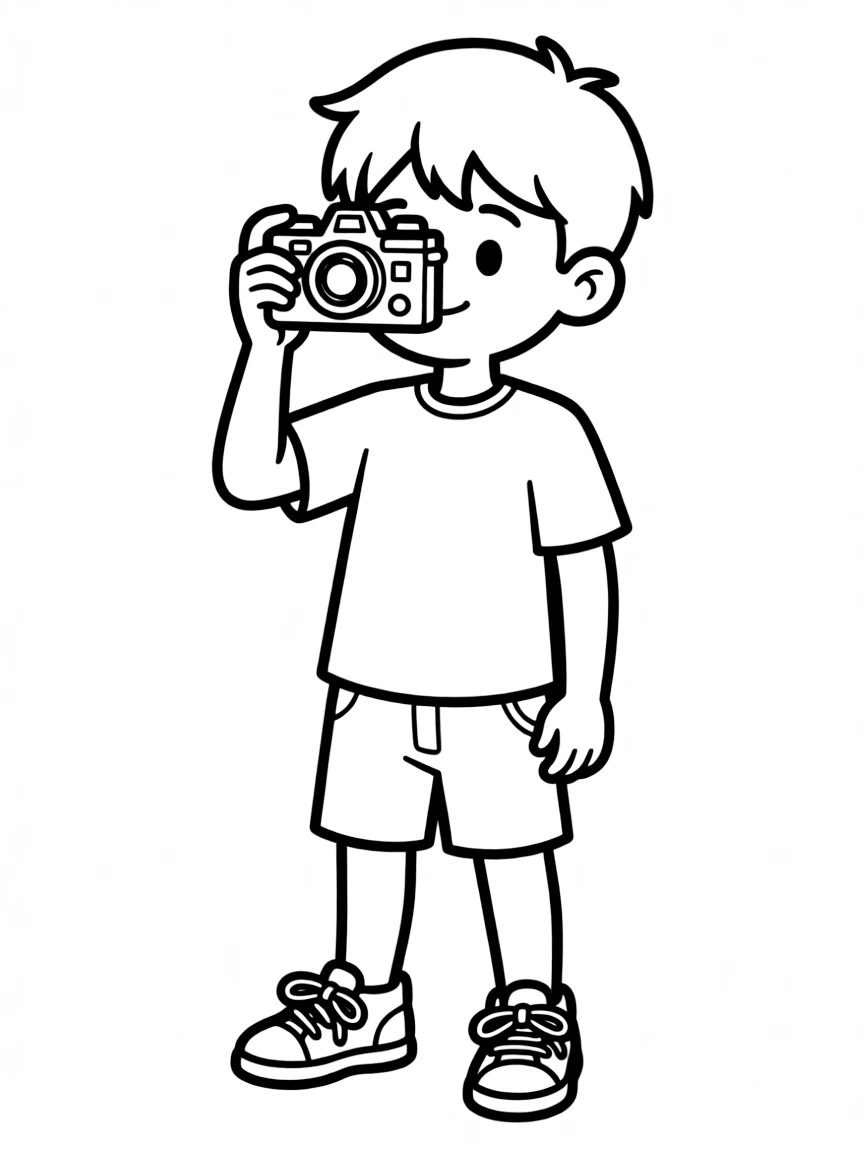 A boy pretending to be a photographer, taking pictures with a toy camera.