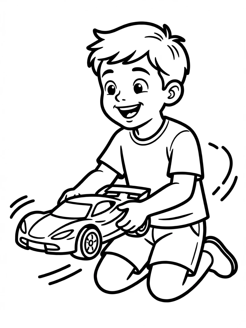 A boy playing with a toy race car, zooming it around.
