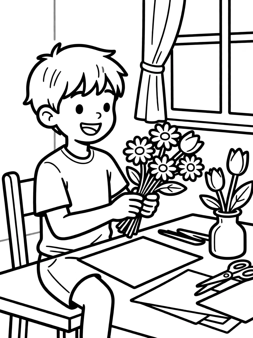 A boy making a paper flower bouquet.