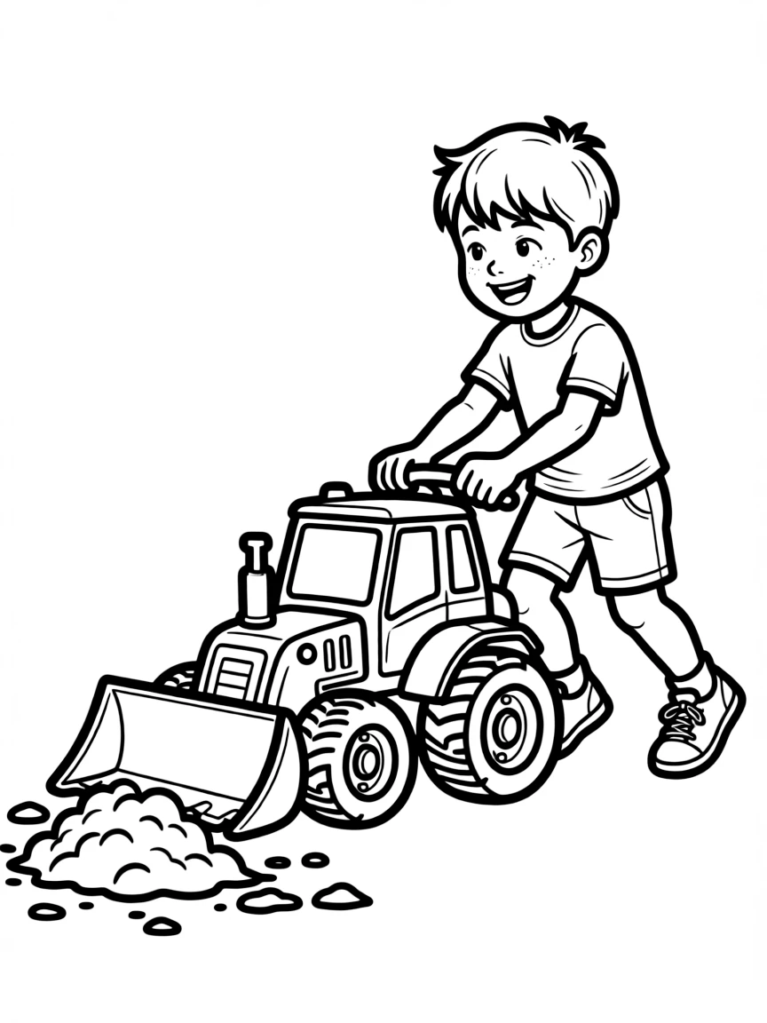 A boy playing with a toy bulldozer, pushing dirt.