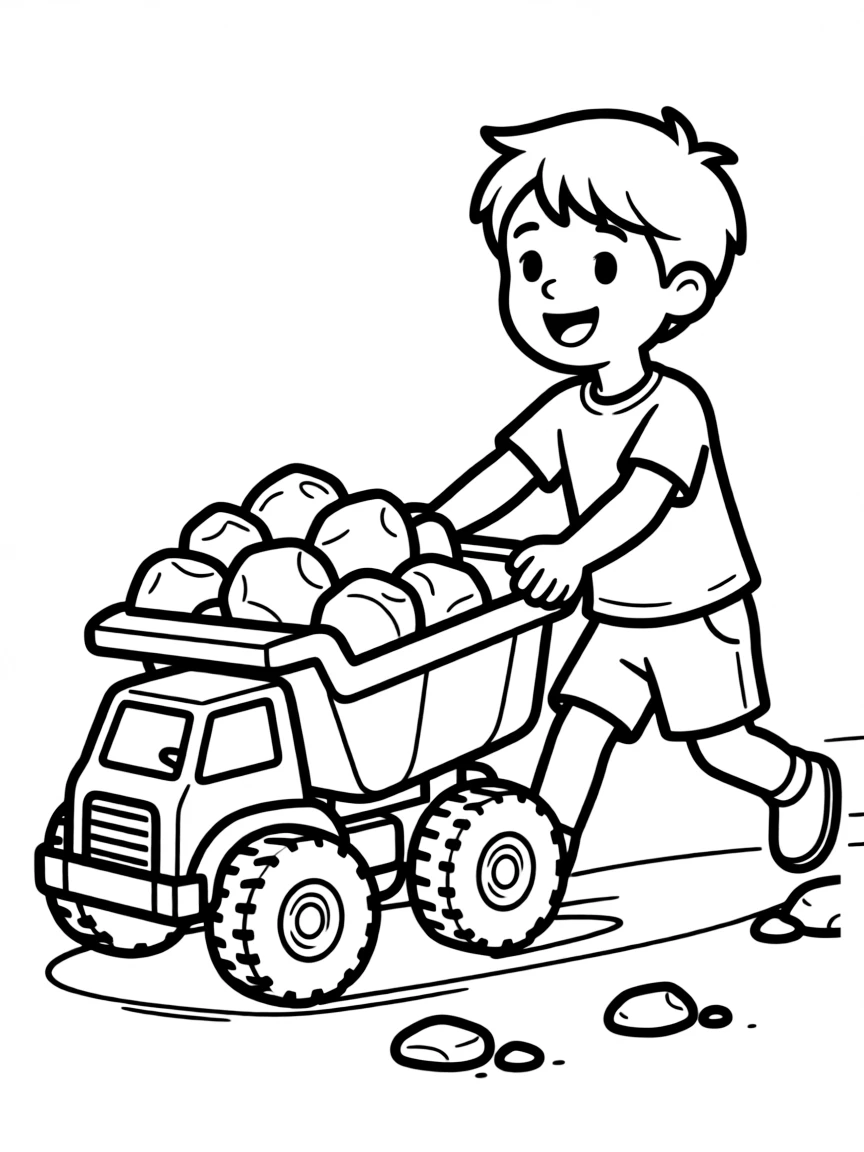 A boy playing with a toy dump truck, hauling rocks.
