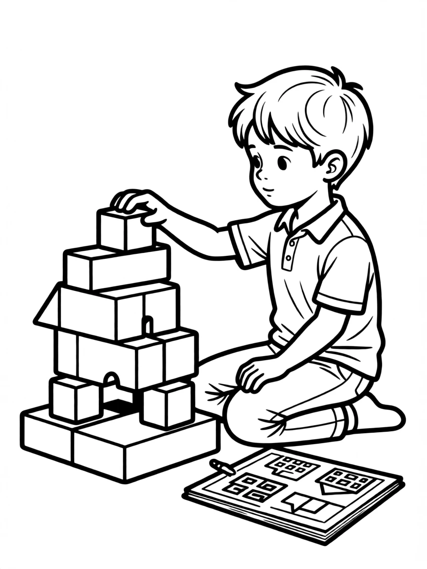 A boy pretending to be an architect, designing a building with blocks.