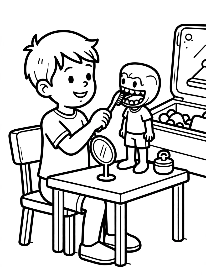 A boy pretending to be a dentist, looking at his action figure's teeth.