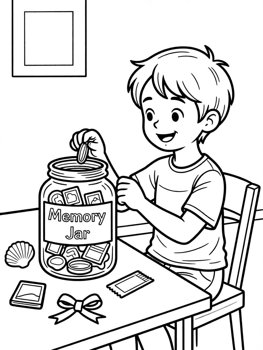 A boy making a "memory jar" with small mementos.