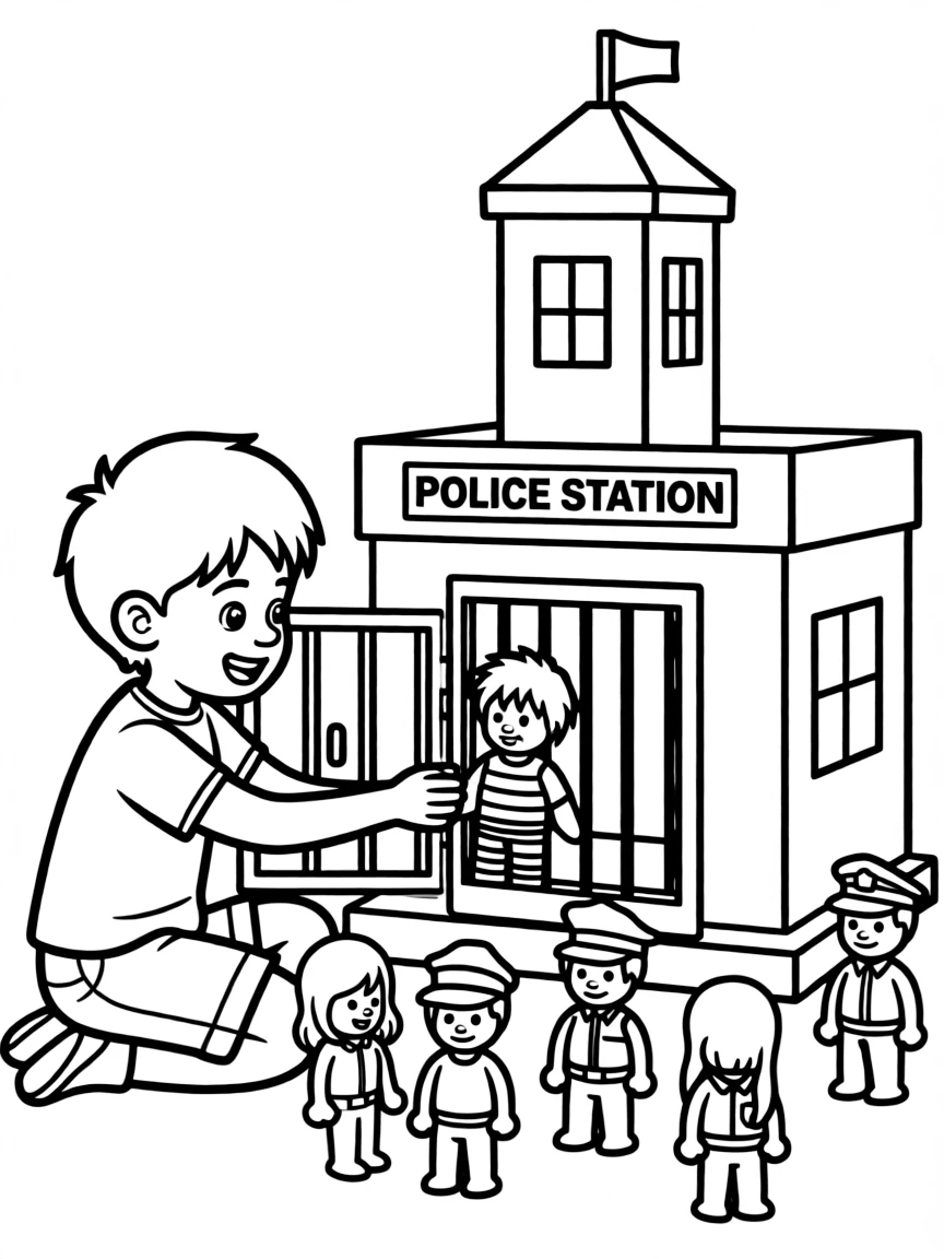 A boy playing with a toy police station, locking up imaginary bad guys.