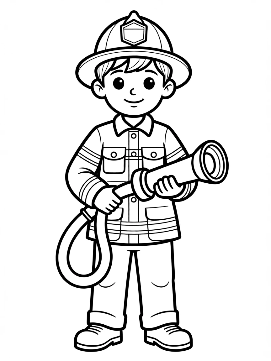 A boy pretending to be a firefighter, holding a toy hose.
