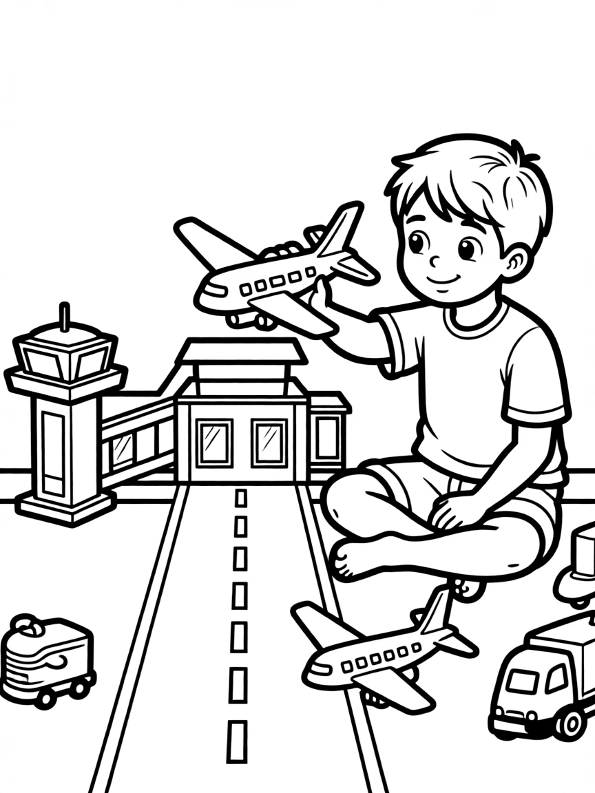 A boy playing with a toy airport, landing toy planes.