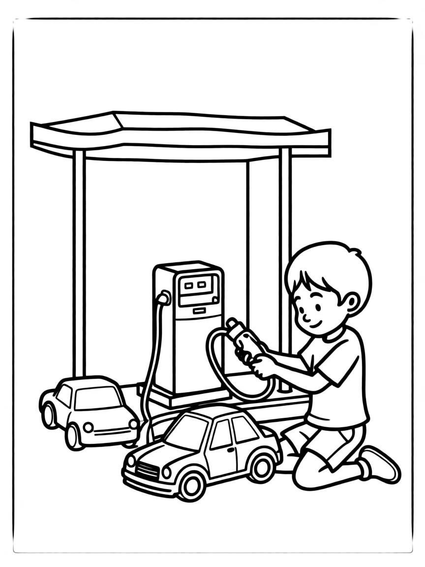 A boy playing with a toy gas station, filling up toy cars.