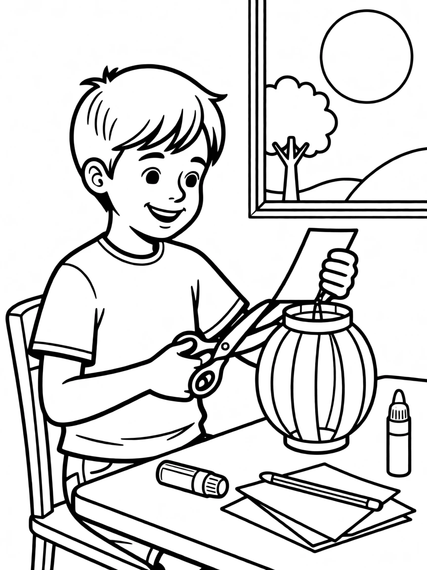 A boy making a paper lantern.