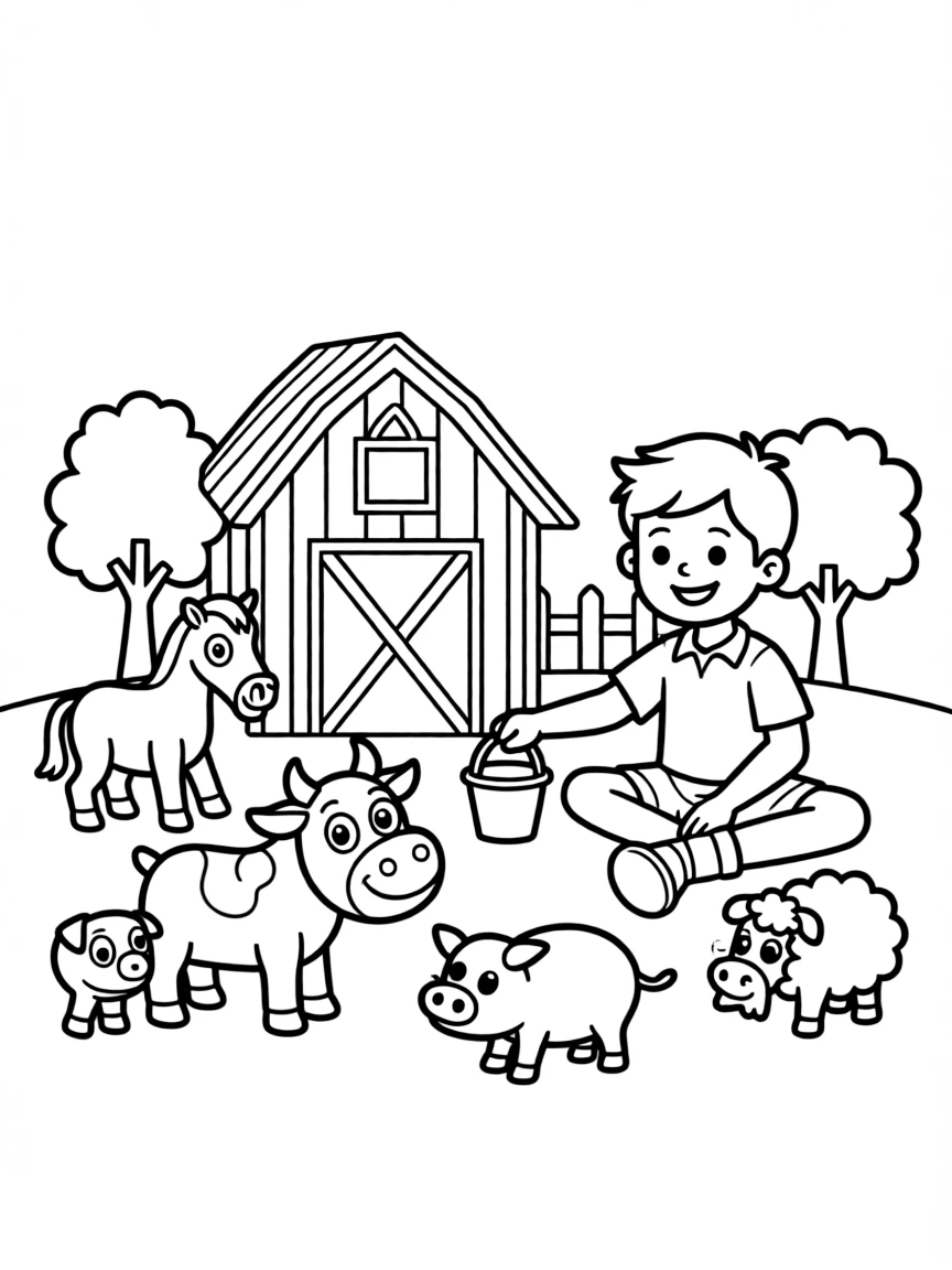 A boy playing with a toy farm, feeding toy animals.