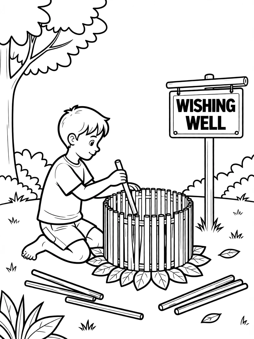 A boy making a "wishing well" out of sticks and leaves.