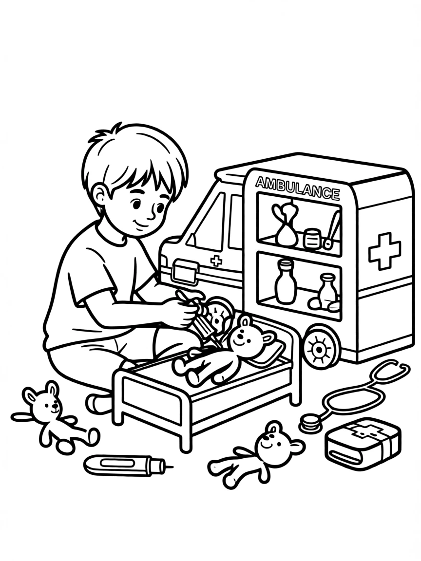 A boy playing with a toy hospital, treating toy patients.