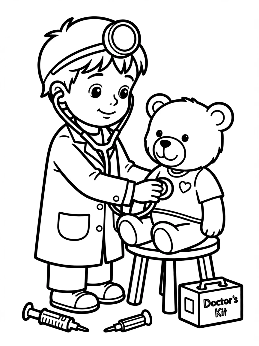 A boy pretending to be a doctor, listening to his teddy bear's chest.