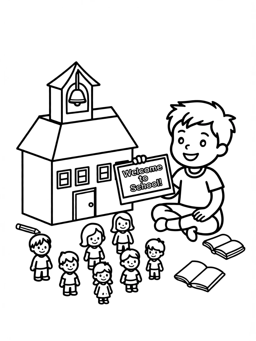 A boy playing with a toy school, teaching toy students.