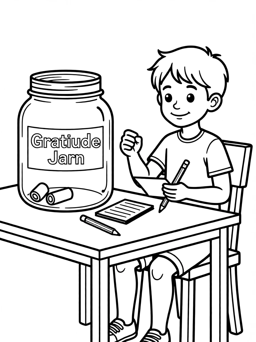 A boy making a "gratitude jar" to write down things he's thankful for.