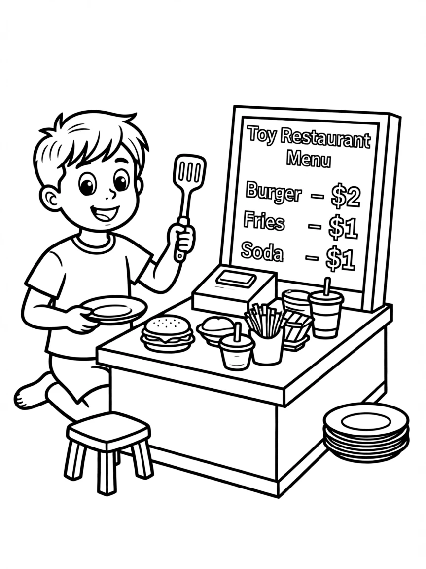 A boy playing with a toy restaurant, serving pretend food.