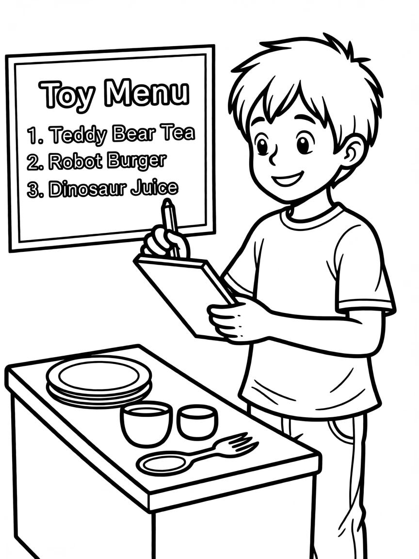 A boy pretending to be a server, taking toy orders.