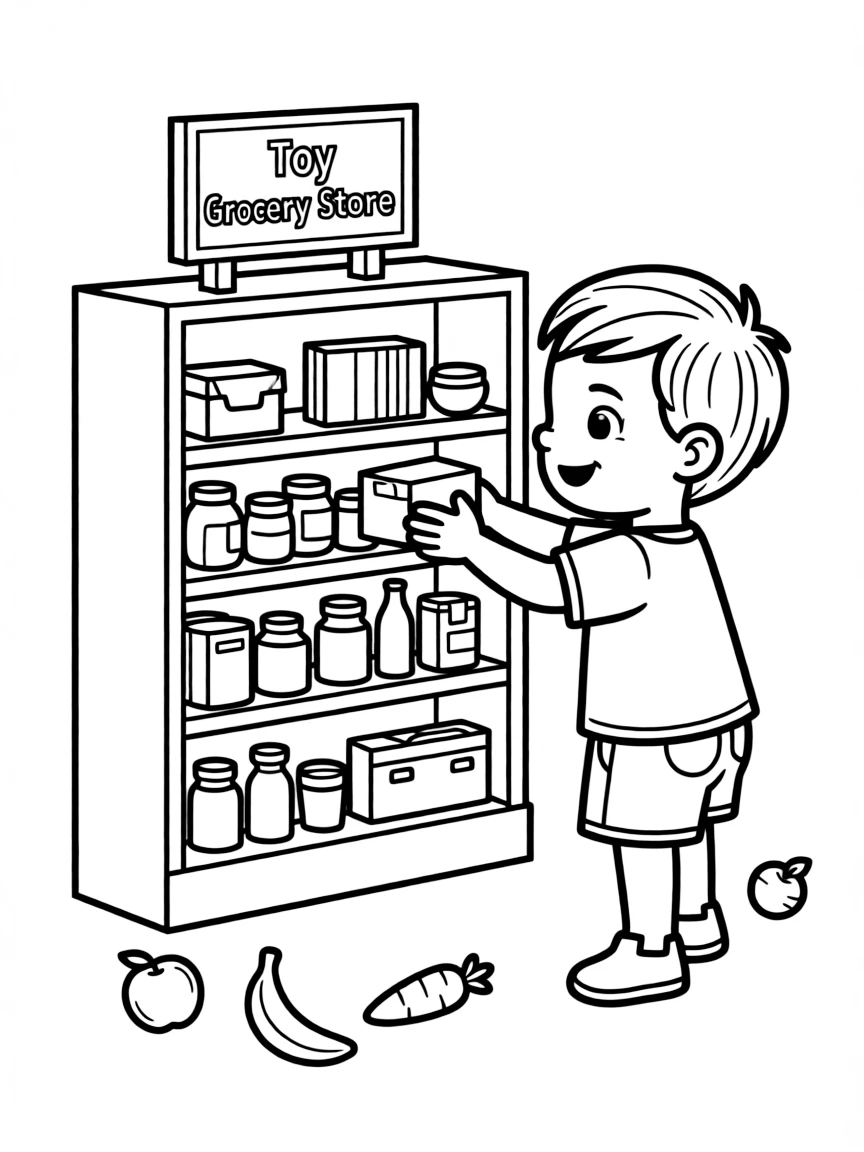 A boy playing with a toy grocery store, organizing shelves.
