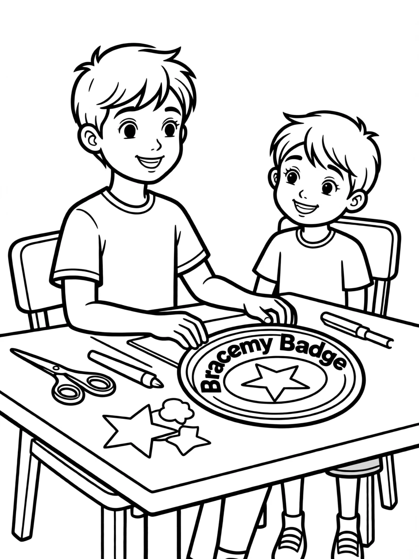 A boy making a "bravery badge" for himself or a friend.