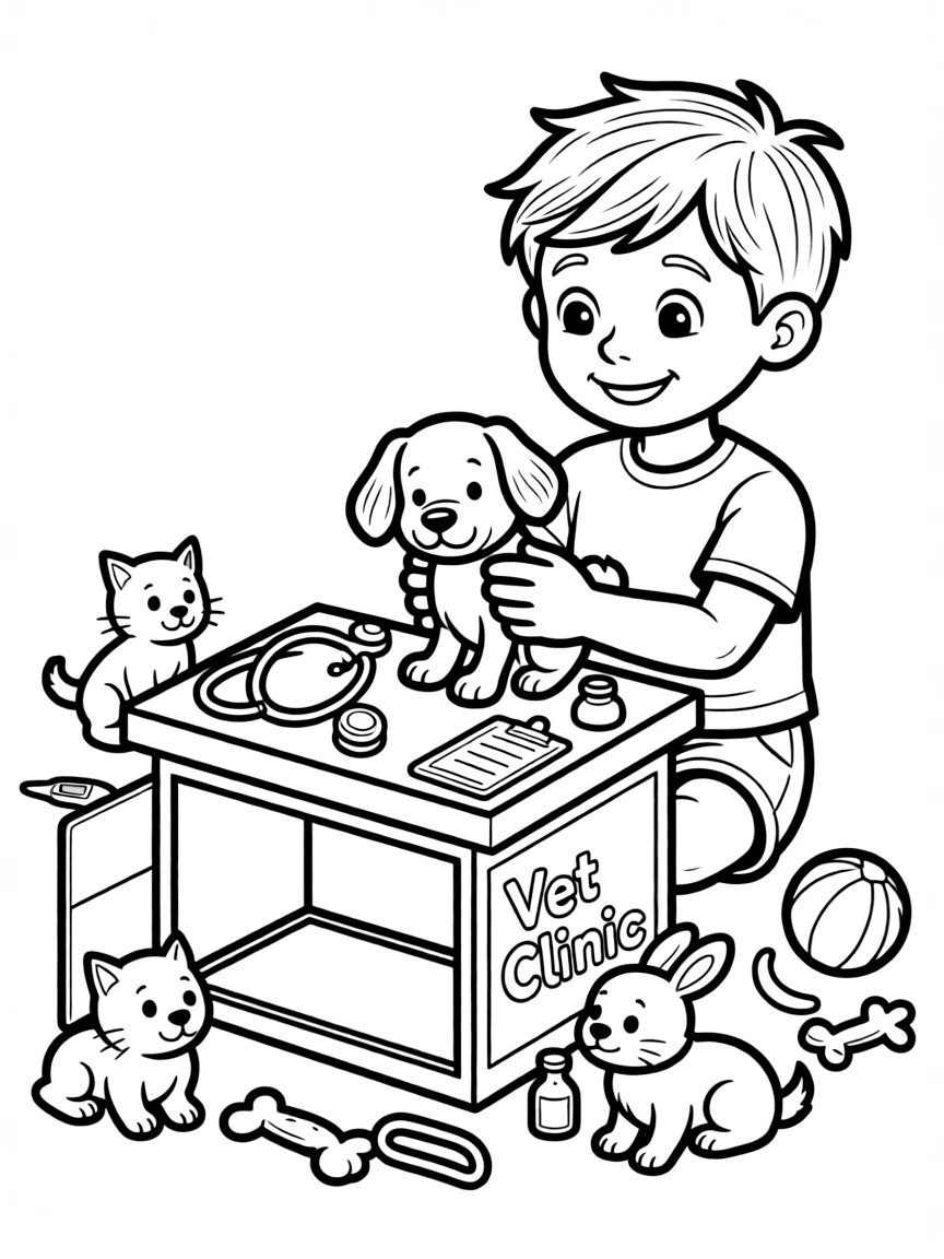 A boy playing with a toy veterinarian clinic, caring for toy pets.