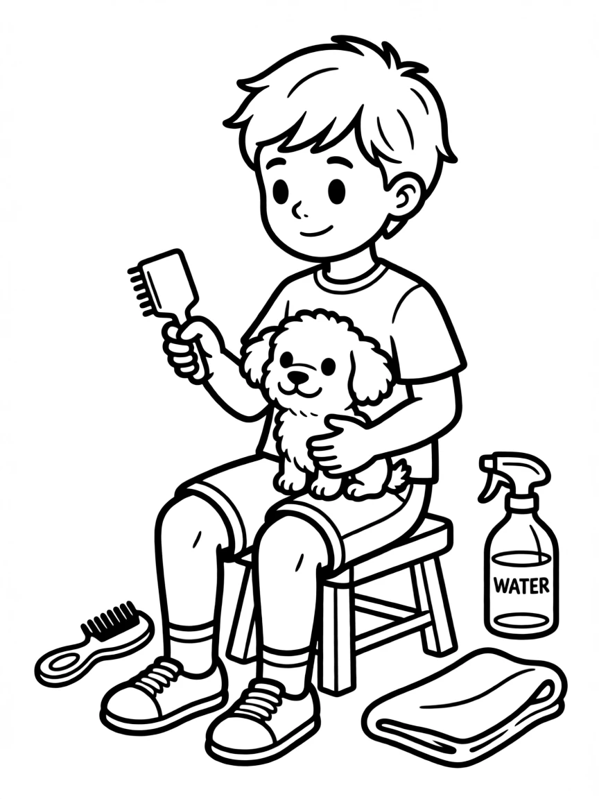 A boy pretending to be a pet groomer, brushing a toy dog.