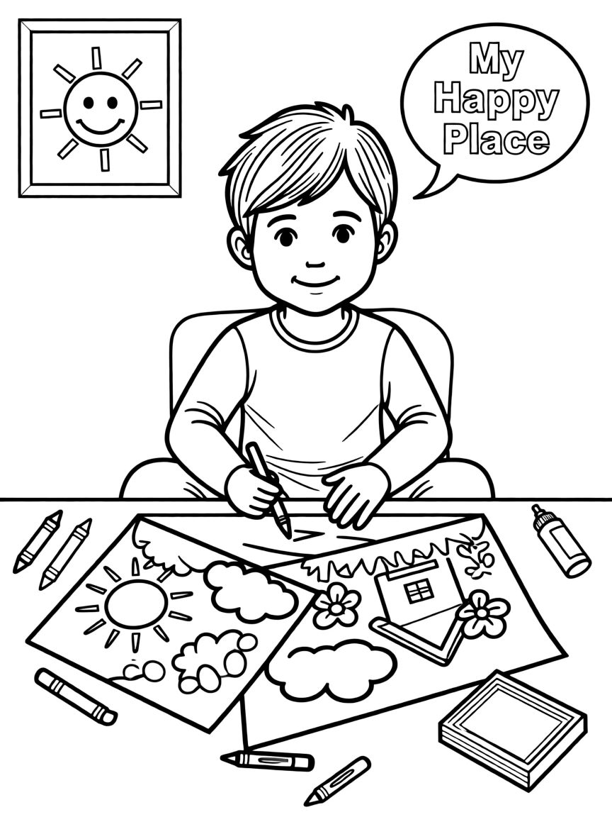 A boy making a "happy place" drawing or collage.