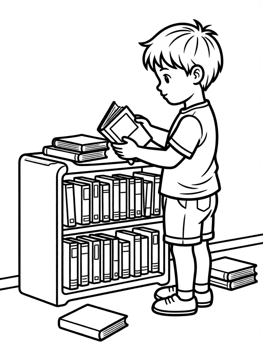 A boy pretending to be a librarian, organizing toy books.