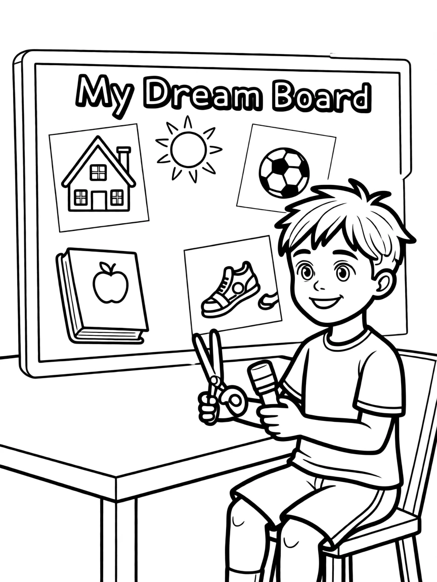 A boy making a "dream board" with pictures of his goals.