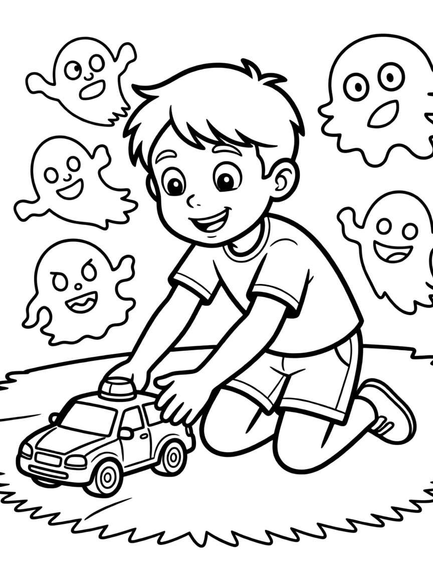 A boy playing with a toy police car, chasing imaginary villains.