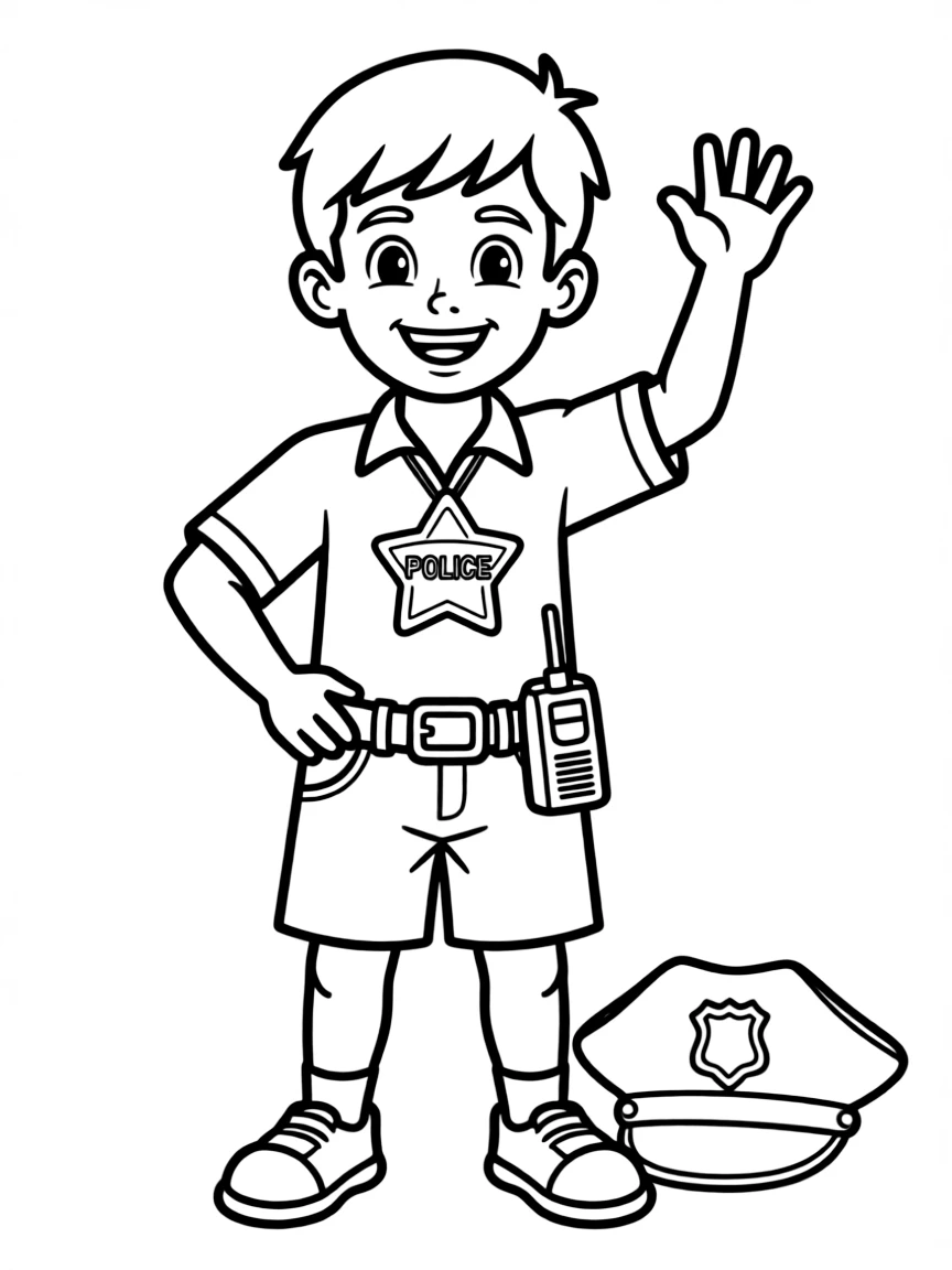 A boy pretending to be a police officer, wearing a toy badge.
