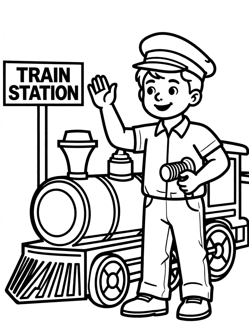 A boy pretending to be a train conductor, wearing a toy hat.
