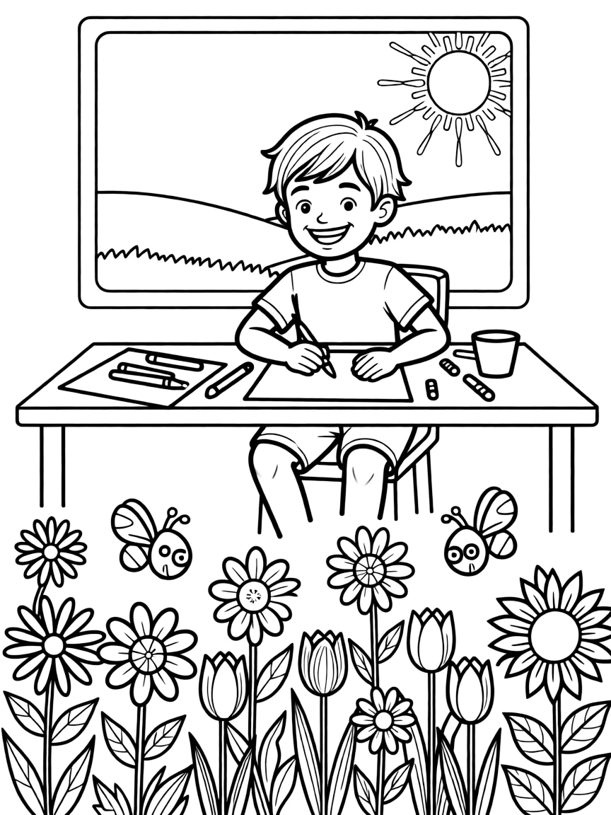 A boy making a "flower garden" drawing with lots of details.