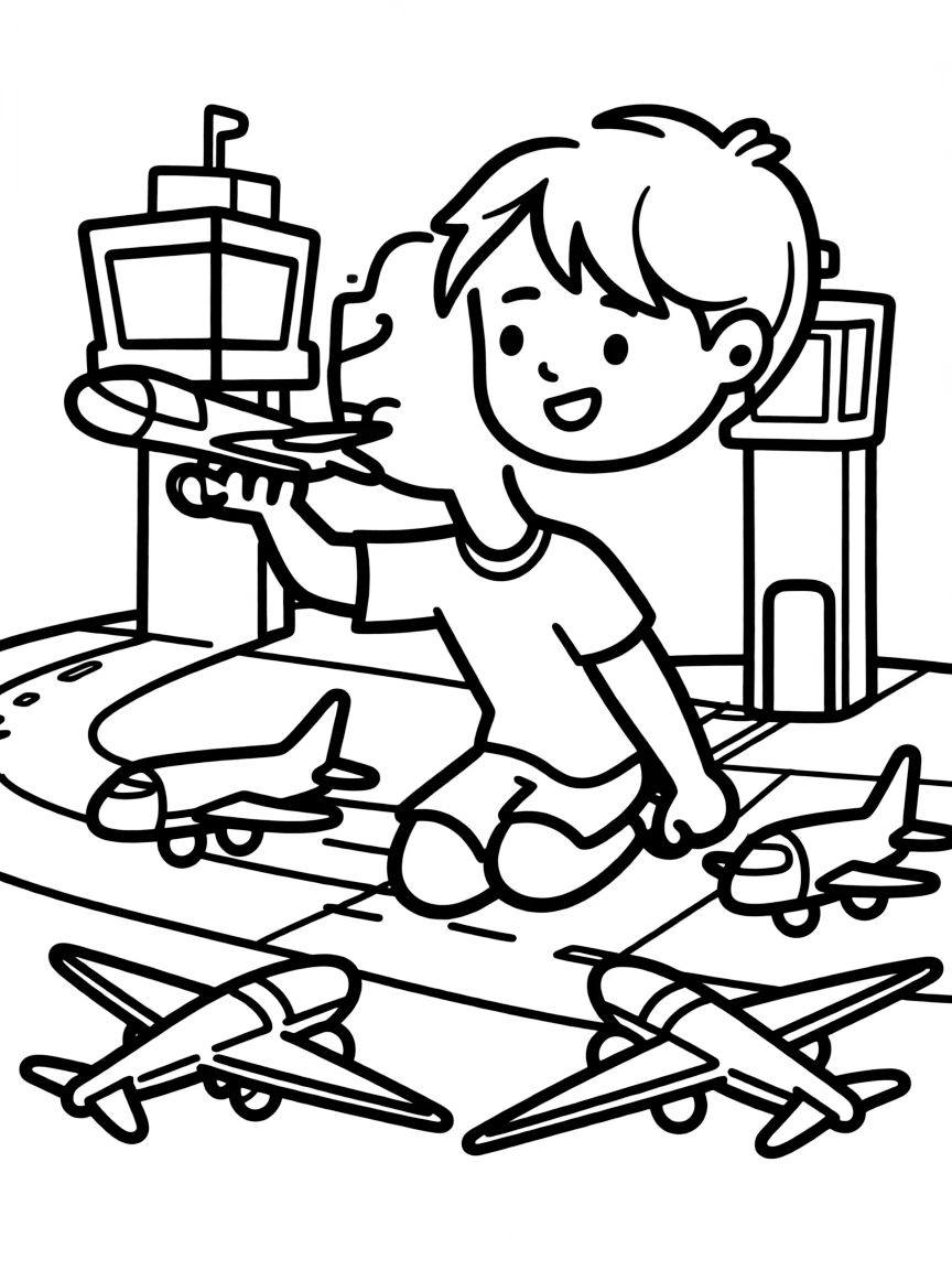 A boy playing with a toy airport, directing toy planes.