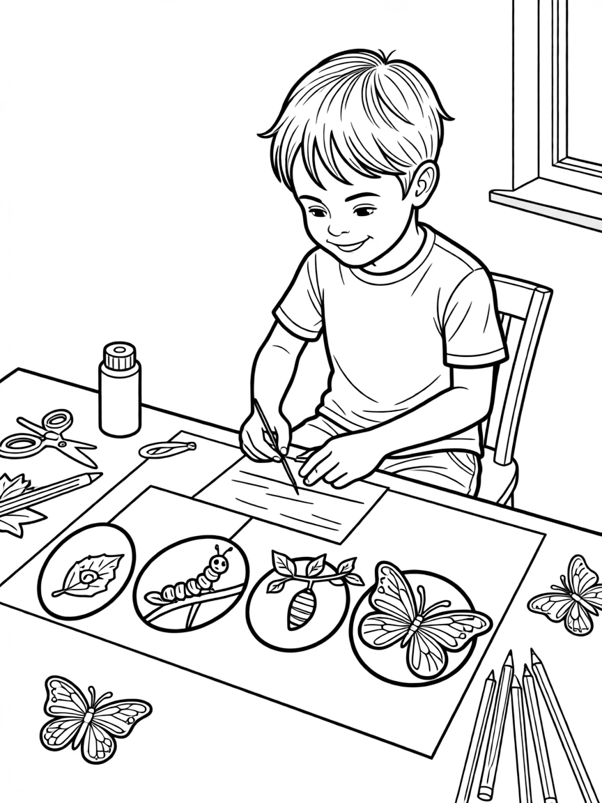 A boy making a "butterfly life cycle" craft.