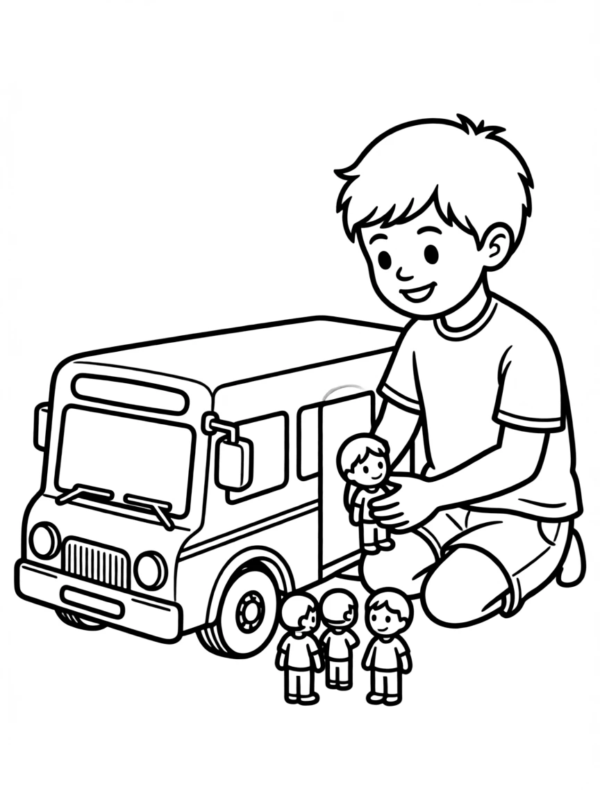 A boy playing with a toy bus, picking up toy passengers.