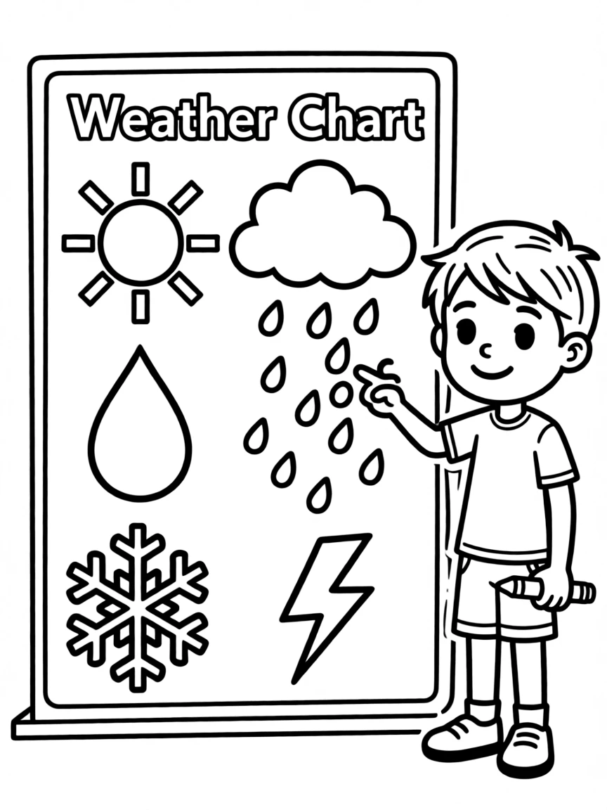 A boy making a "weather chart" with different weather symbols.