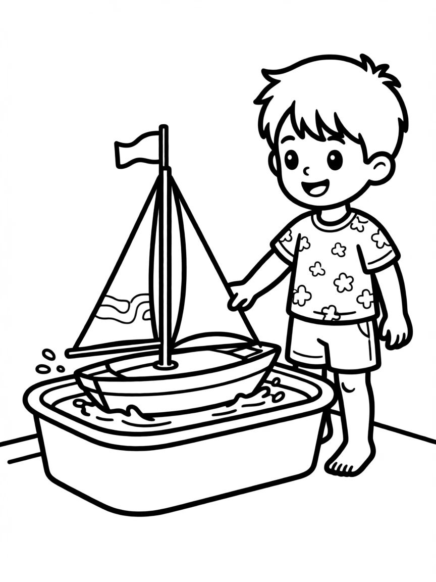 A boy playing with a toy boat, sailing it in a tub of water.