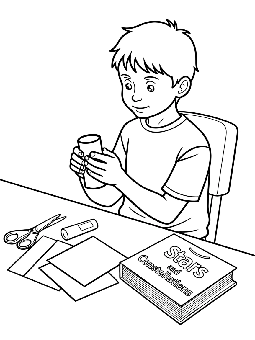 A boy making a "constellation viewer" with a paper tube.