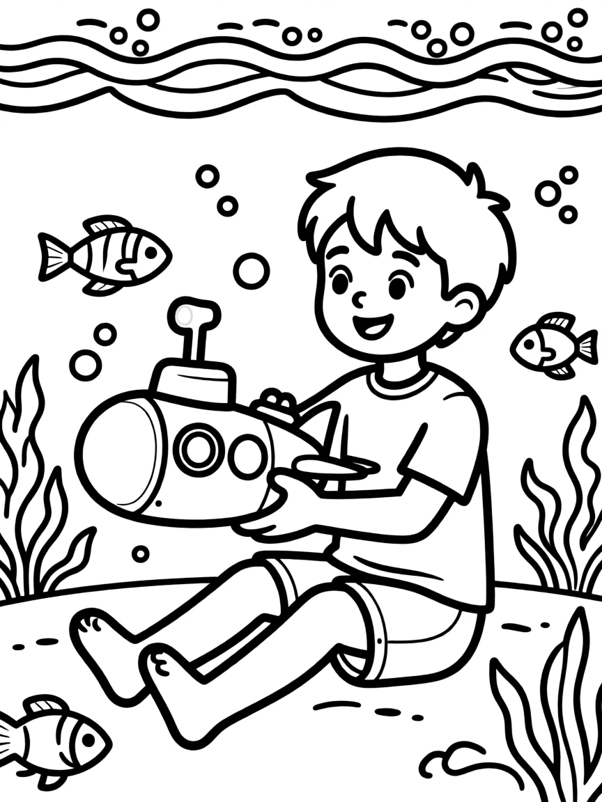 A boy playing with a toy submarine, exploring imaginary depths.