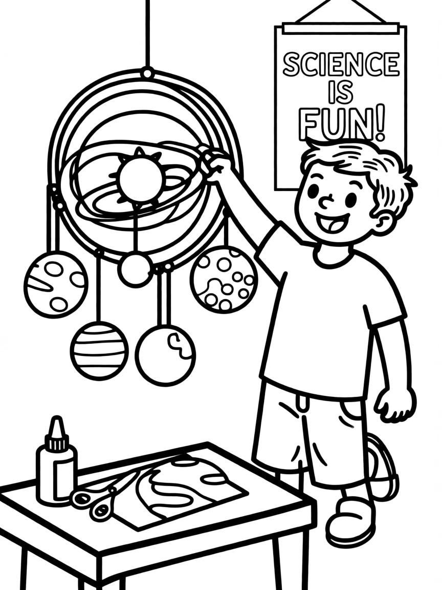 A boy making a "solar system" mobile.