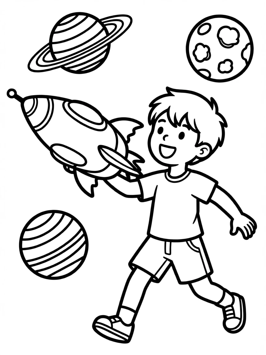 A boy playing with a toy spaceship, flying to imaginary planets.